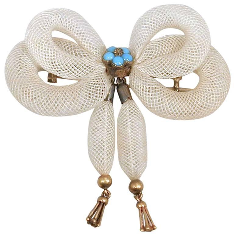 Antique Early Victorian Woven Hair Turquoise Gold Bow Brooch For Sale