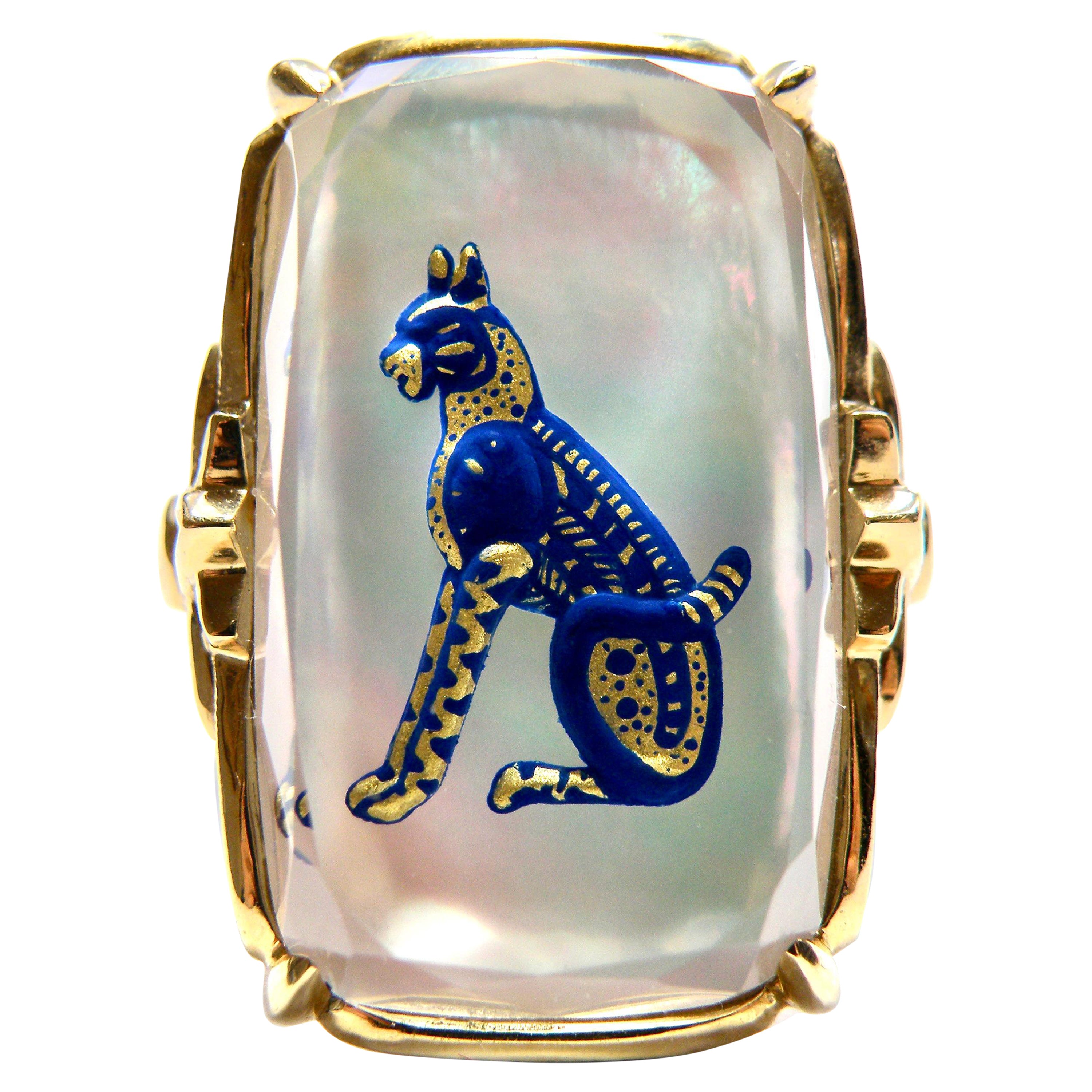18K Hand Painted Reverse Crystal Cat Ring For Sale
