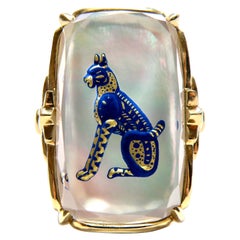 Antique 18K Hand Painted Reverse Crystal Cat Ring