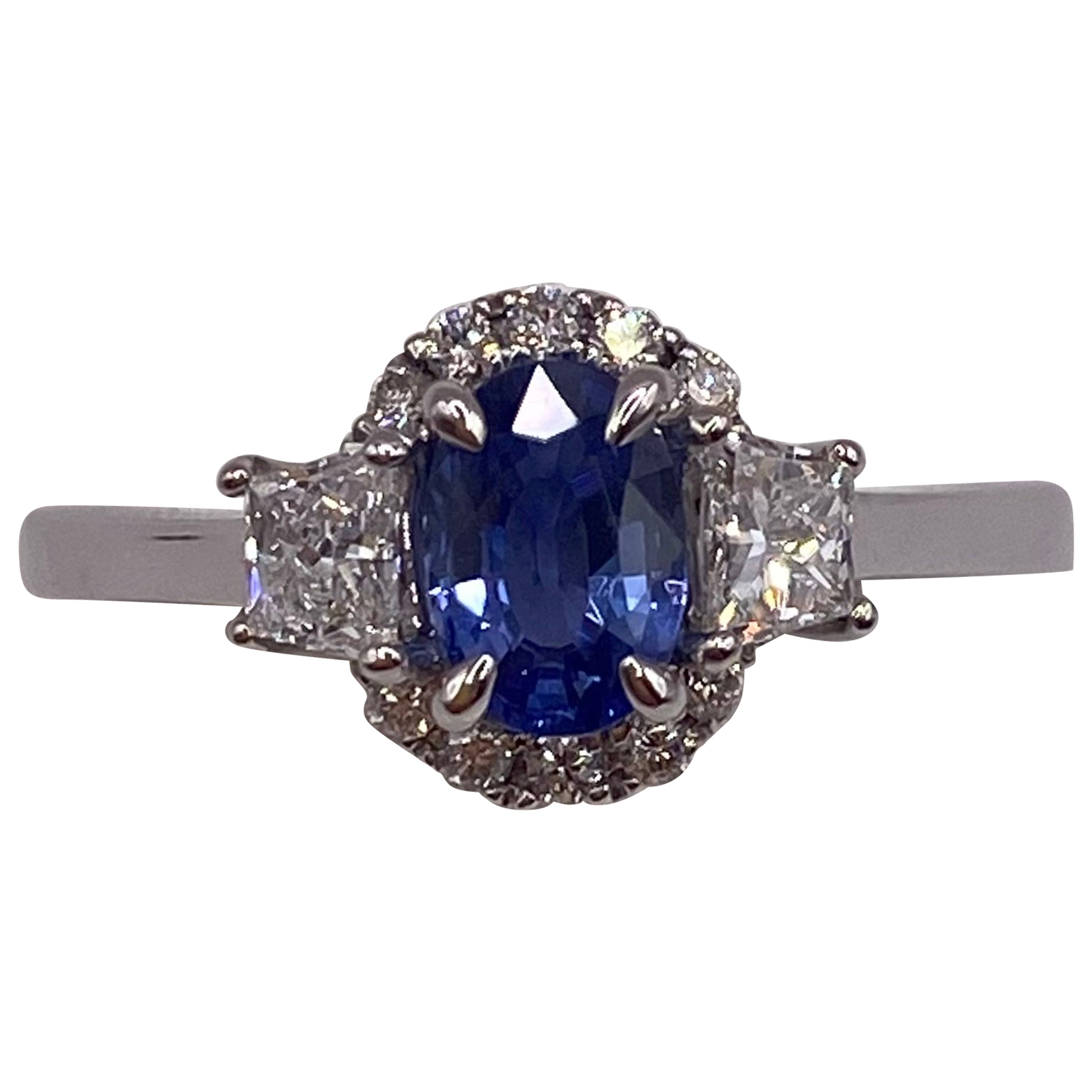 1.21ctw Oval Sapphire & Trapezoid Diamond Ring in 18KT White Gold For Sale