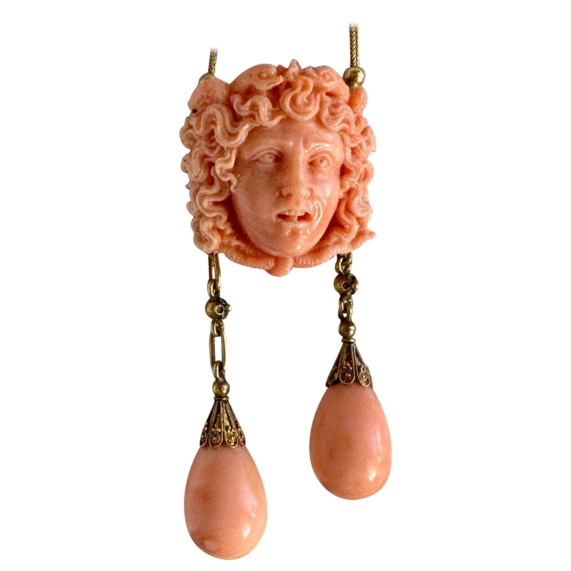 Medusa Snake Coral Necklace Antique Etruscan Victorian 14 Karat Gold Neoclassic For Sale