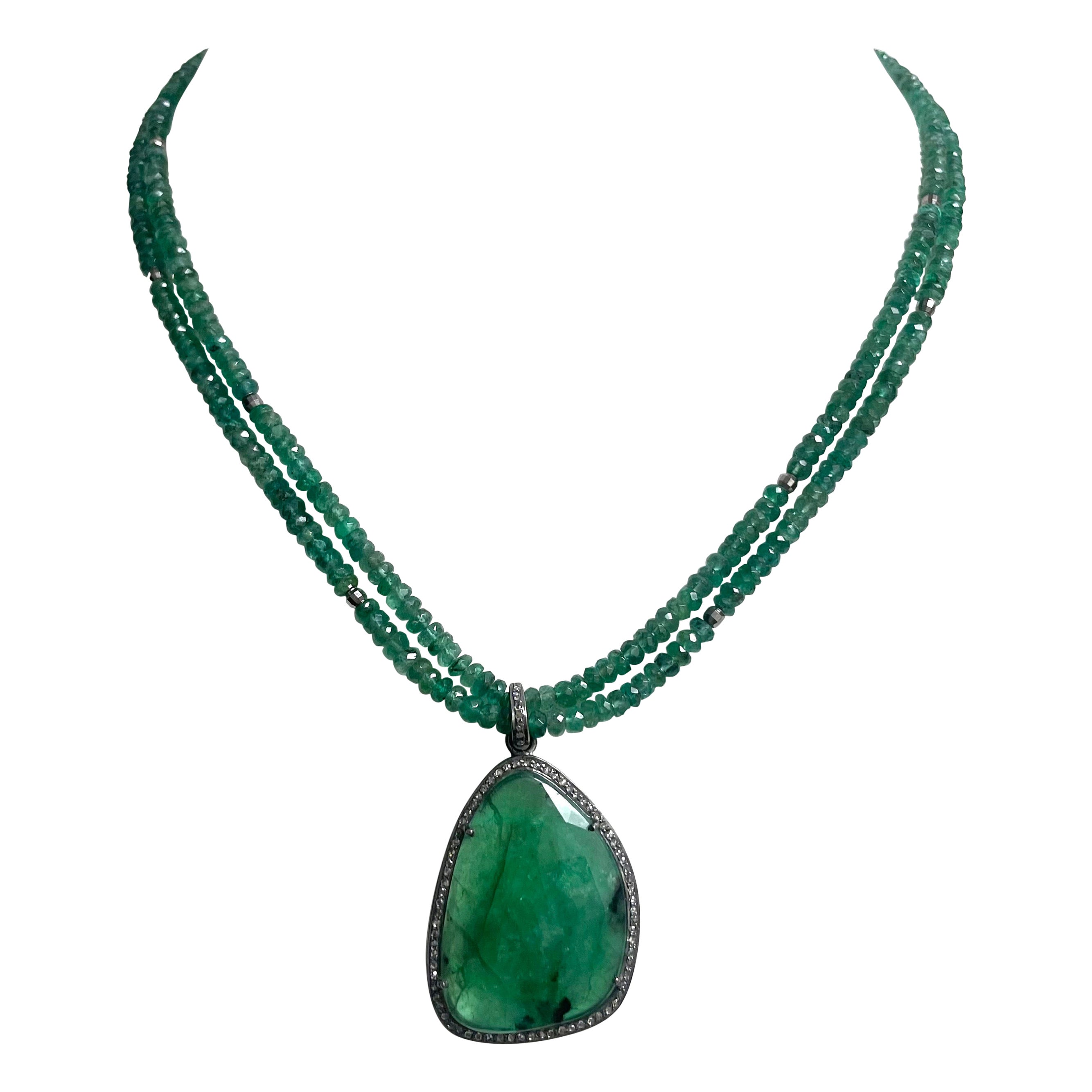 Russian Emerald Pendant on a Double Strand Emerald Paradizia Necklace For Sale