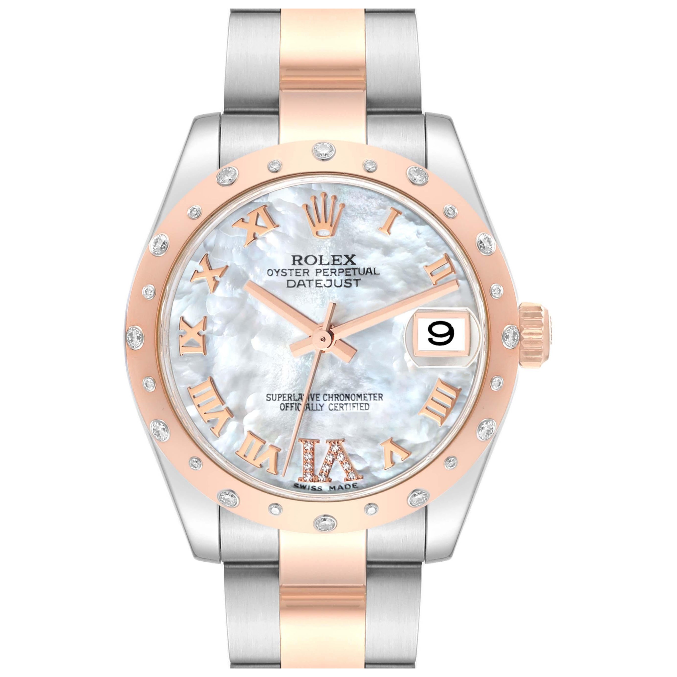 Rolex Datejust 31 Midsize Steel Rose Gold Mother Of Pearl Diamond Ladies Watch  en vente