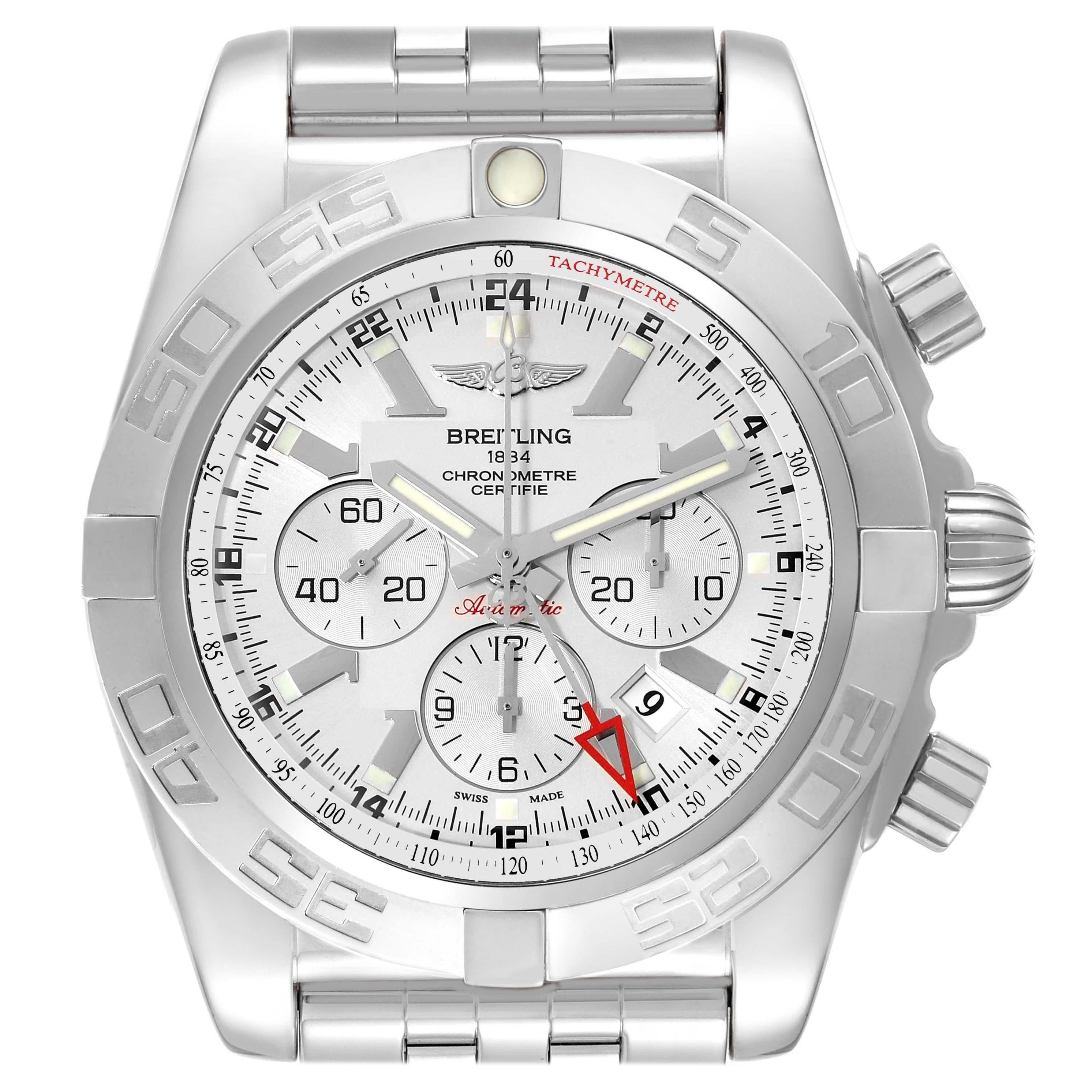 Breitling Chronomat GMT Steel Silver Dial Mens Watch AB0410 Box Papers For Sale