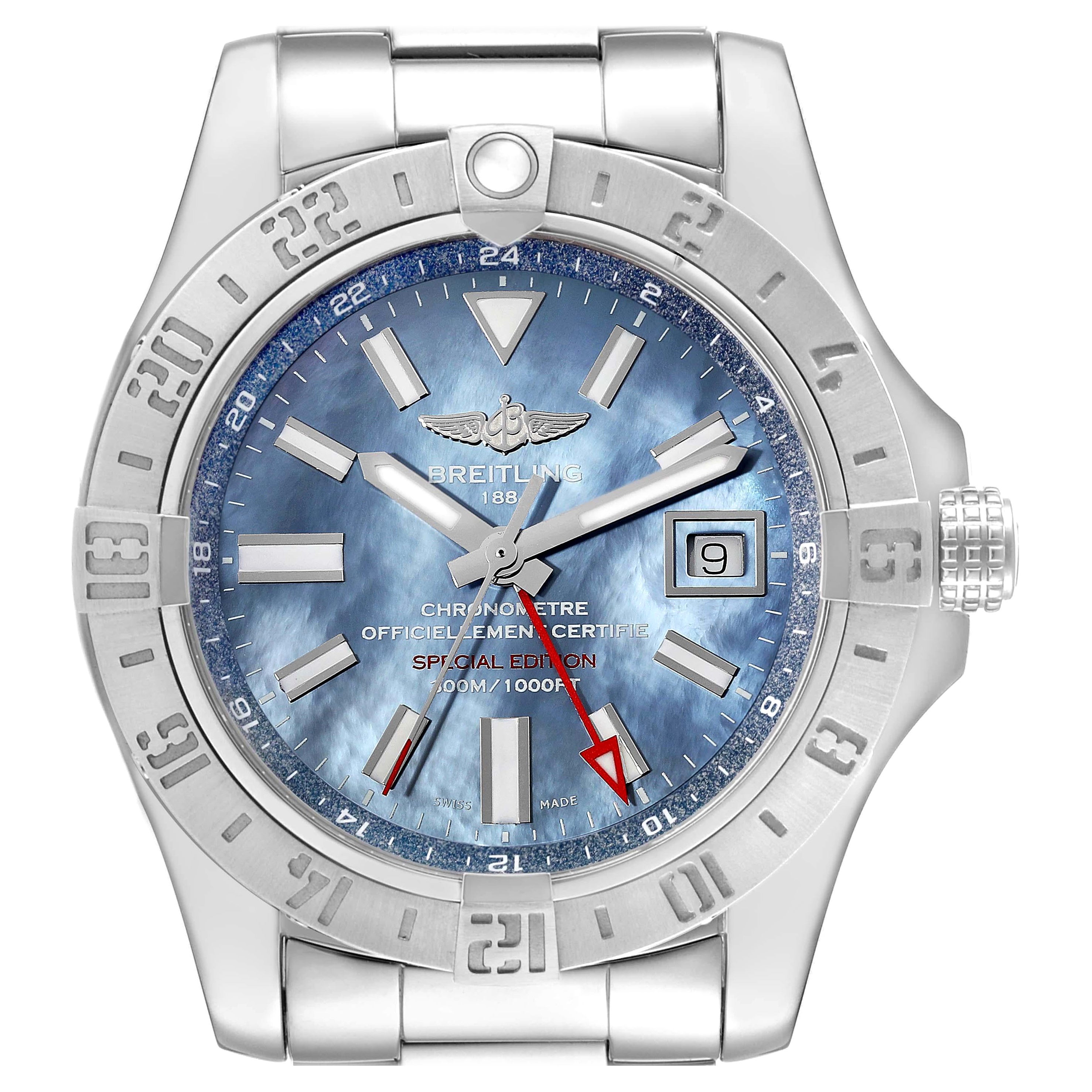 Breitling Avenger II GMT Blue Mother Of Pearl Dial Steel Mens Watch A32390 