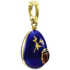 Vintage Modern Fabergé Blue Enamel   Gold Egg with Ladybug Pendant Enhancer