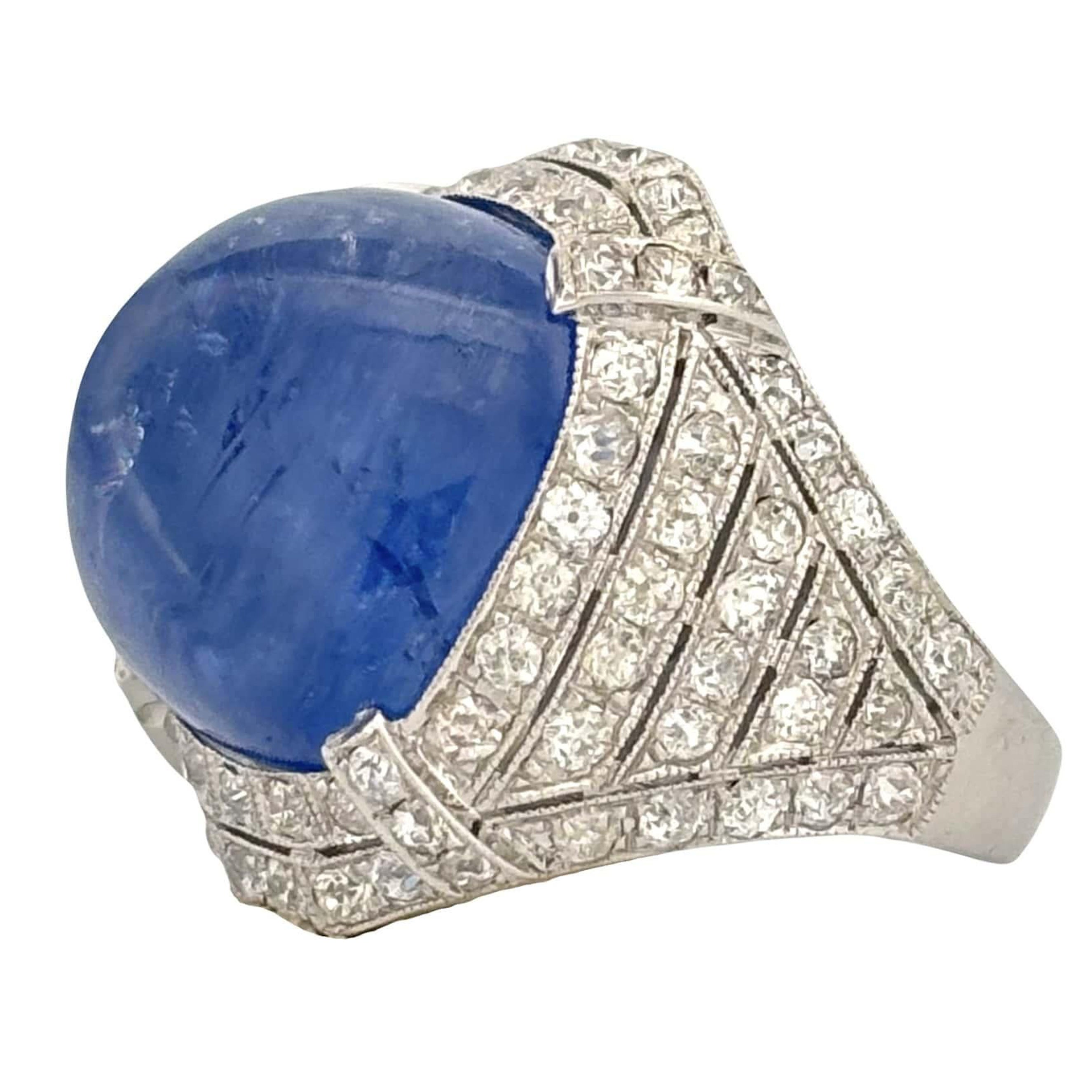 27.05ct No-Heat Sugarloaf Sapphire & OMC Diamond Art Deco Ring in 18K White Gold For Sale