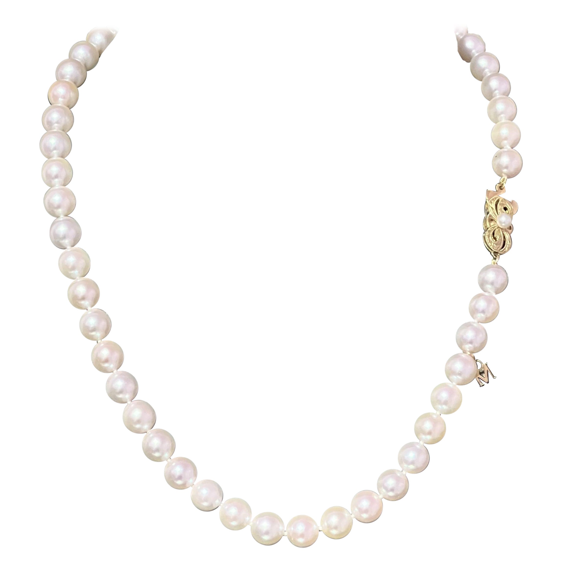 Mikimoto Estate Akoya Pearl Necklace 17" 18k Y Gold 8 mm Certified