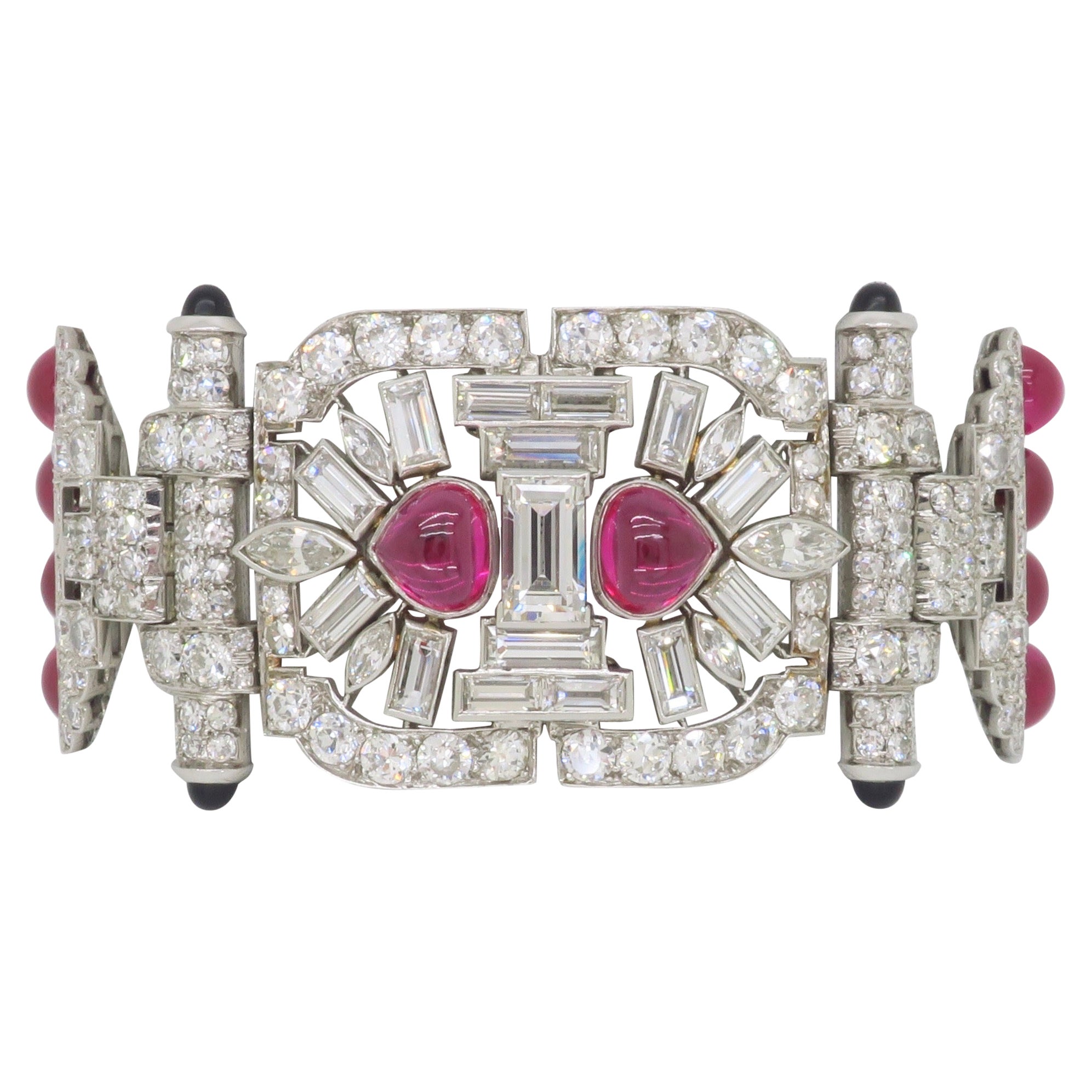 Platinum 18.04CTW Diamond Buckle Bracelet made with Ruby Beads For Sale