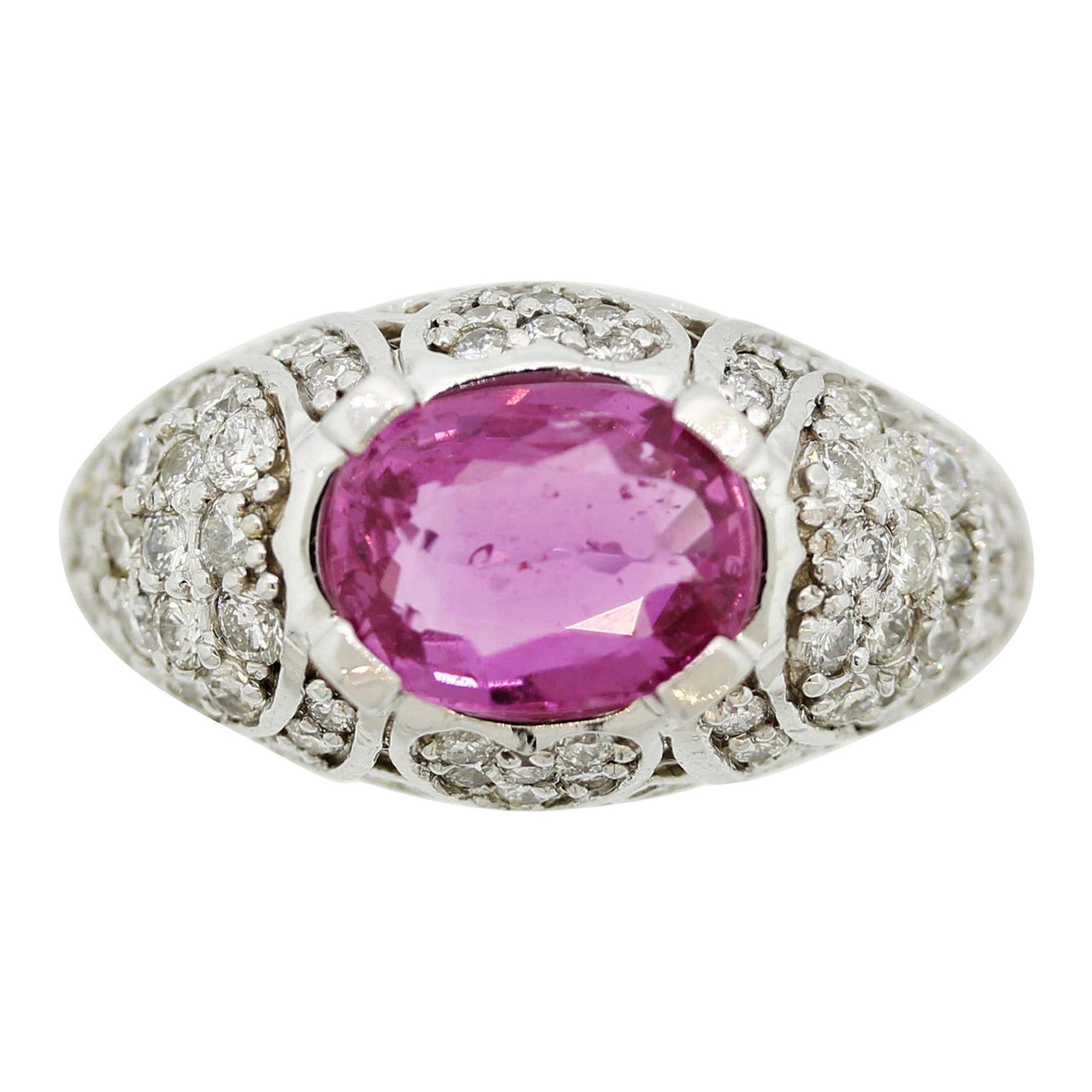 Hot-Pink Sapphire Diamond Gold “Heart-Motif” Ring For Sale