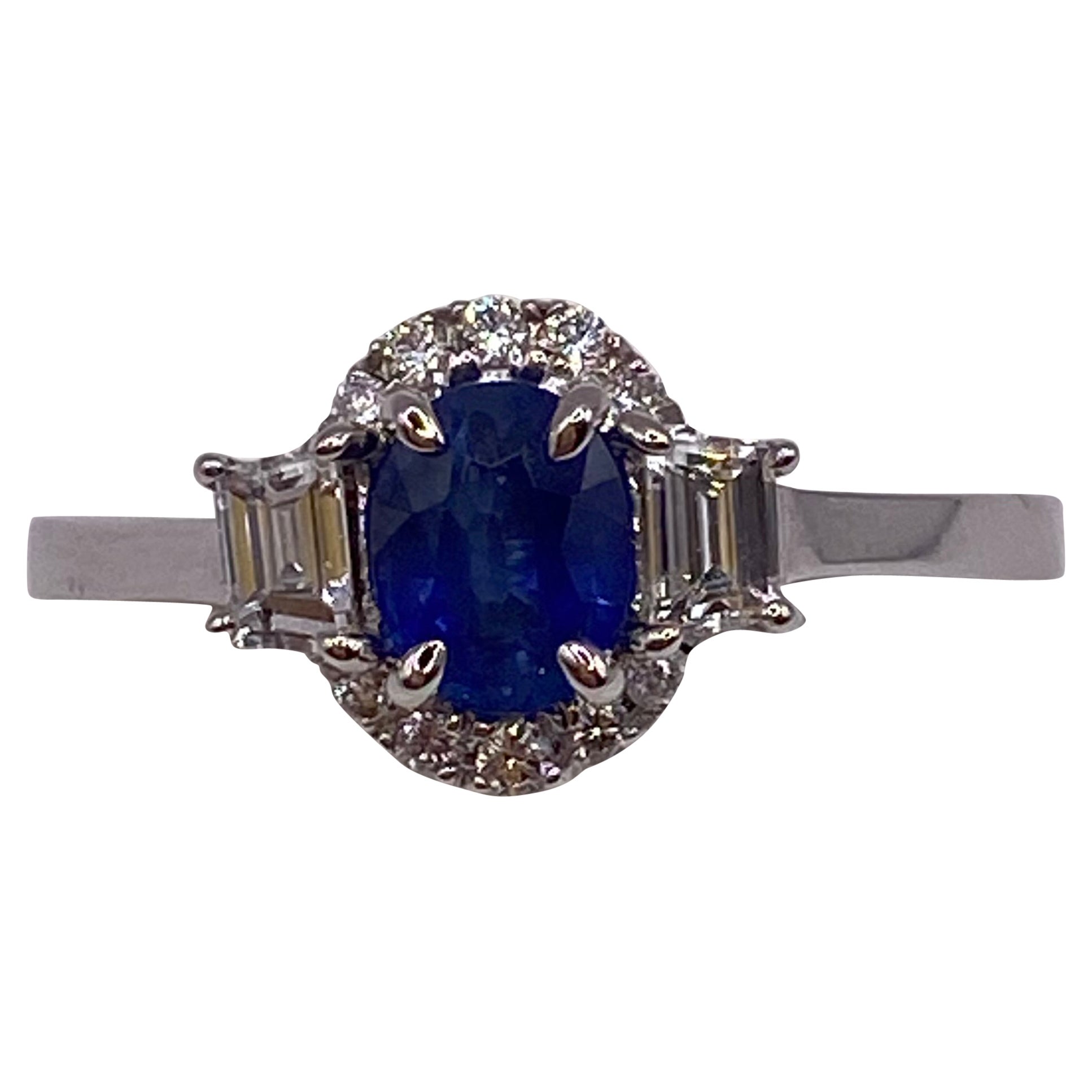 1.15ct Oval Sapphire & Trapezoid Diamond Ring in Platinum For Sale