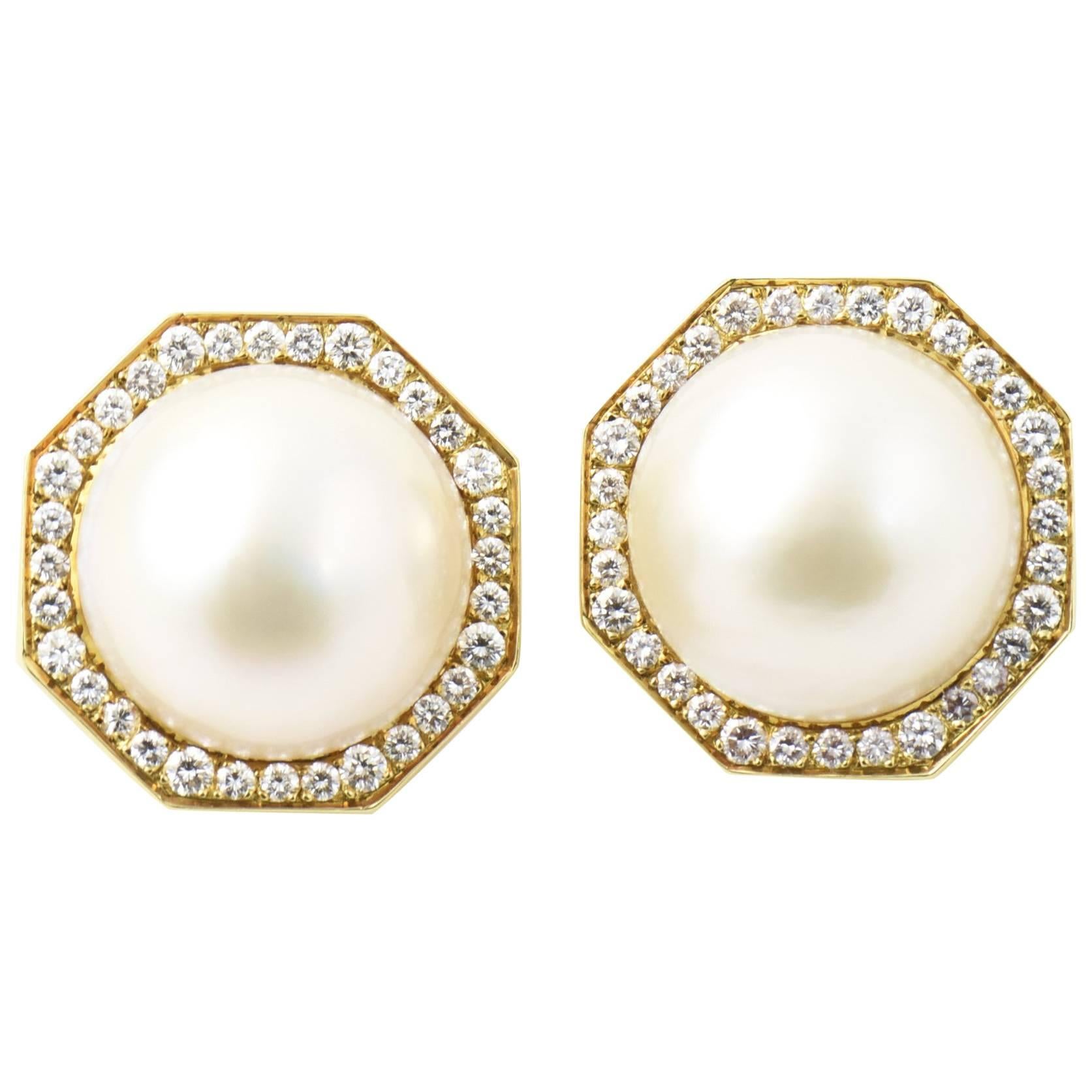 Cellino Mabe Pearl Diamond Gold Octagon Earclip Earrings