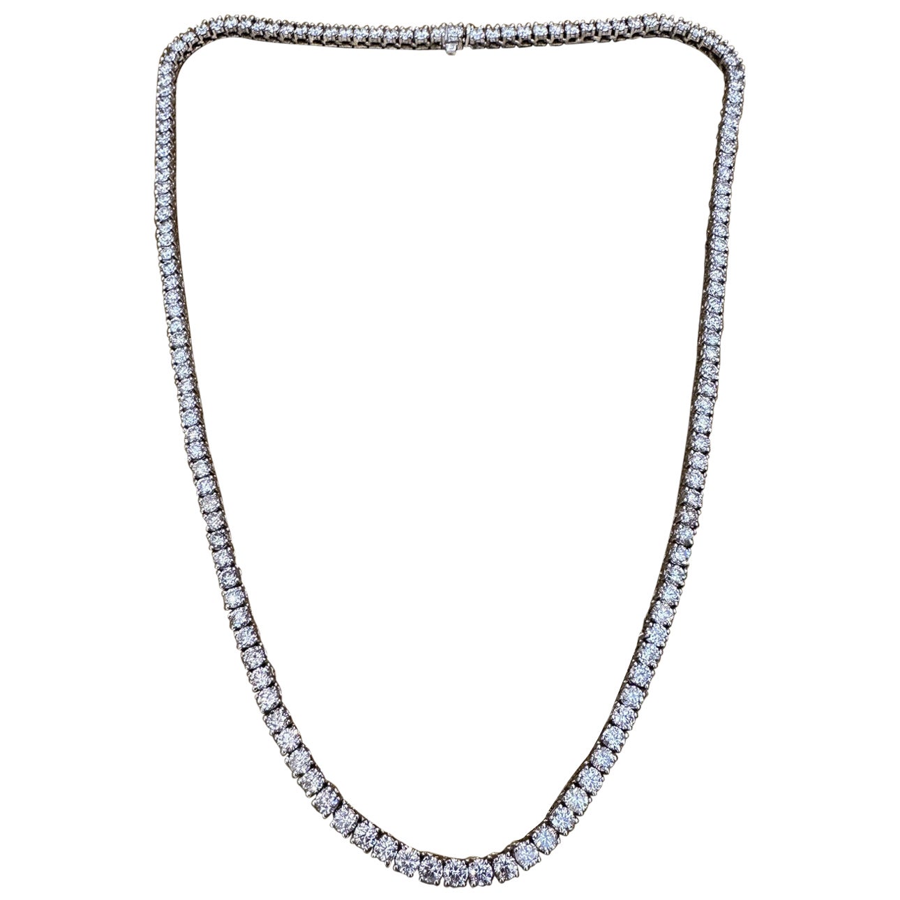 21.5" Long Diamond Tennis Riviera Necklace 24 Carats Total in 14k White Gold For Sale
