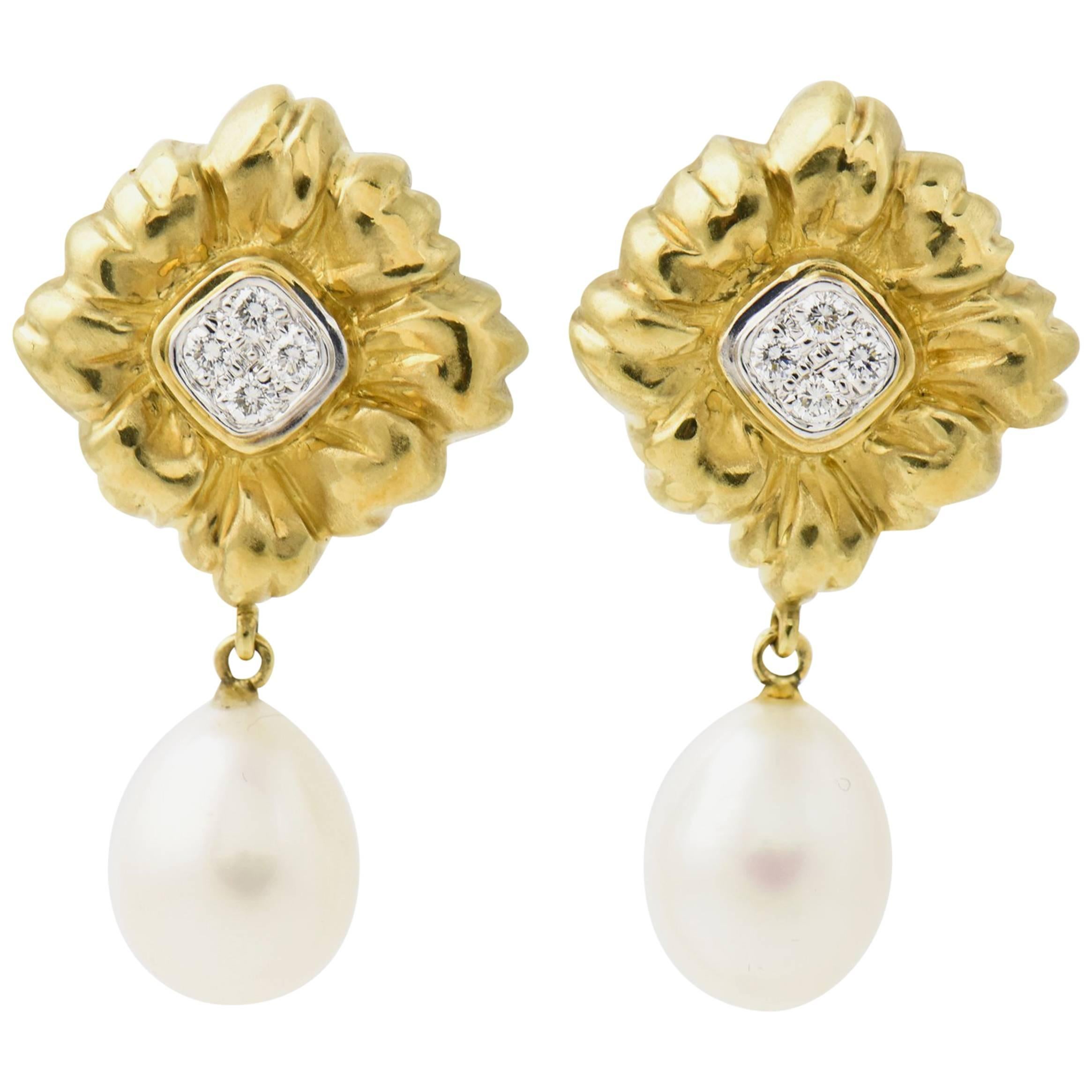 Stylized Diamond Gold Flower Earrings with Pearl Drops