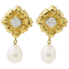Retro Stylized Diamond Gold Flower Earrings with Pearl Drops