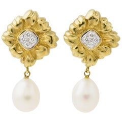 Stylized Diamond Gold Flower Earrings with Pearl Drops