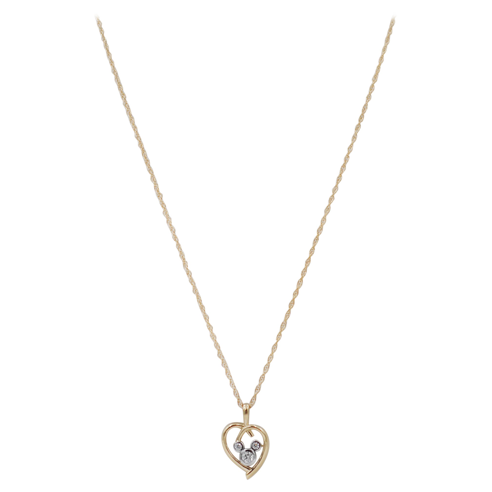 Disney 14K Gold Diamond Heart Mickey Mouse Necklace For Sale