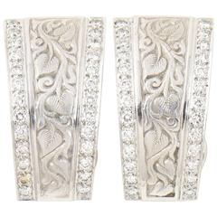 Engraved Vine Design Gold Earrings with Diamond Edges