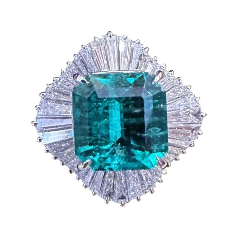 GRS 3.39 Carat Colombian Emerald Ballerina Diamond Cocktail Ring in Platinum For Sale