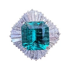Vintage GRS 3.39 Carat Colombian Emerald Ballerina Diamond Cocktail Ring in Platinum