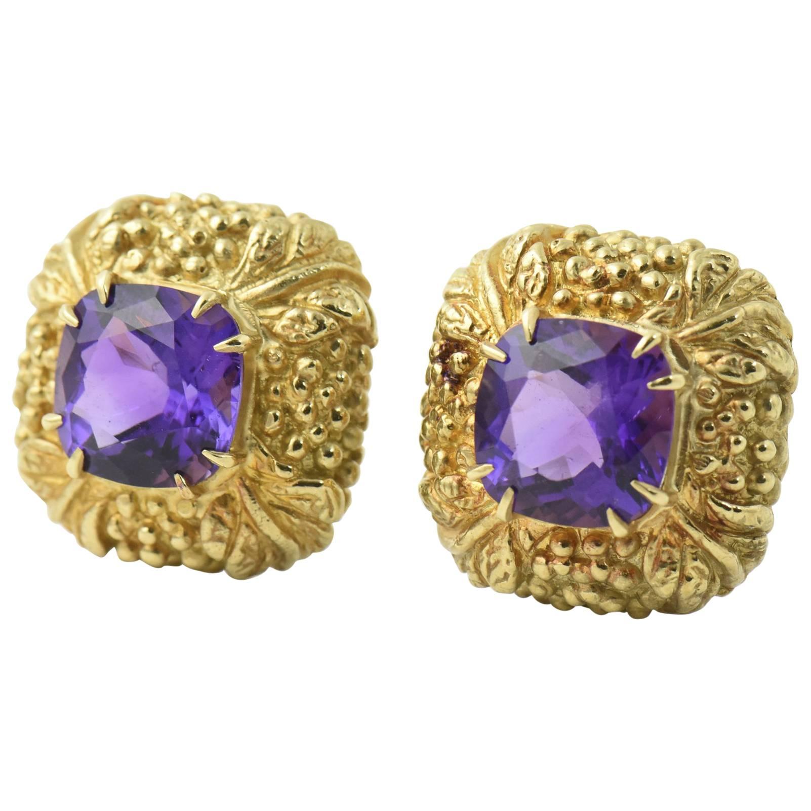 Highly Stylized Amethyst Gold Square Earclips Earrings