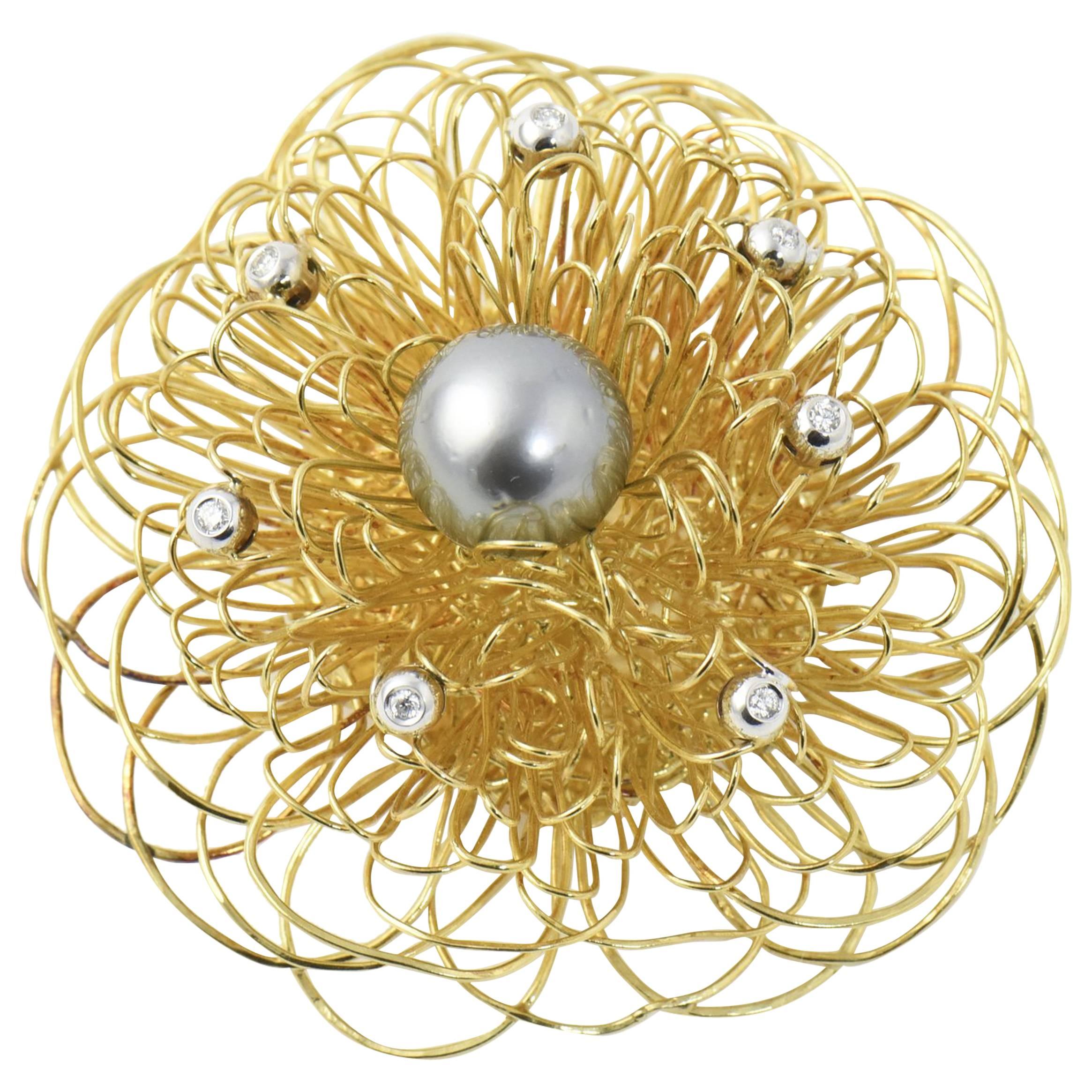 Italian Stylized Gray Pearl, Diamond Gold Wire Flower Brooch