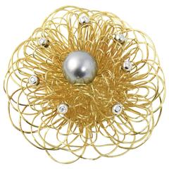 Italian Stylized Gray Pearl, Diamond Gold Wire Flower Brooch