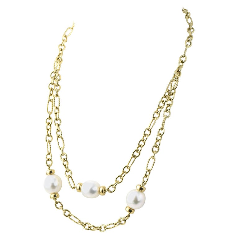 David Yurman 2Tier Pearl and Cable Link Gold Toggle Necklace at