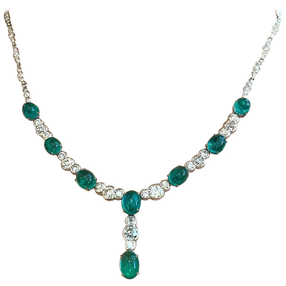 Cabochon Emerald and Old Cut Diamond Y-Drop Necklace in 18k White Gold For Sale