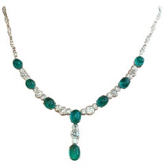 Cabochon Emerald and Old Cut Diamond Y-Drop Necklace in 18k White Gold