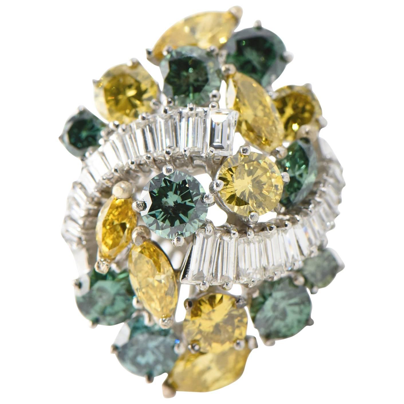 Elongated Yellow and Green Colored Diamonds Platinum Cluster Cocktail Ring