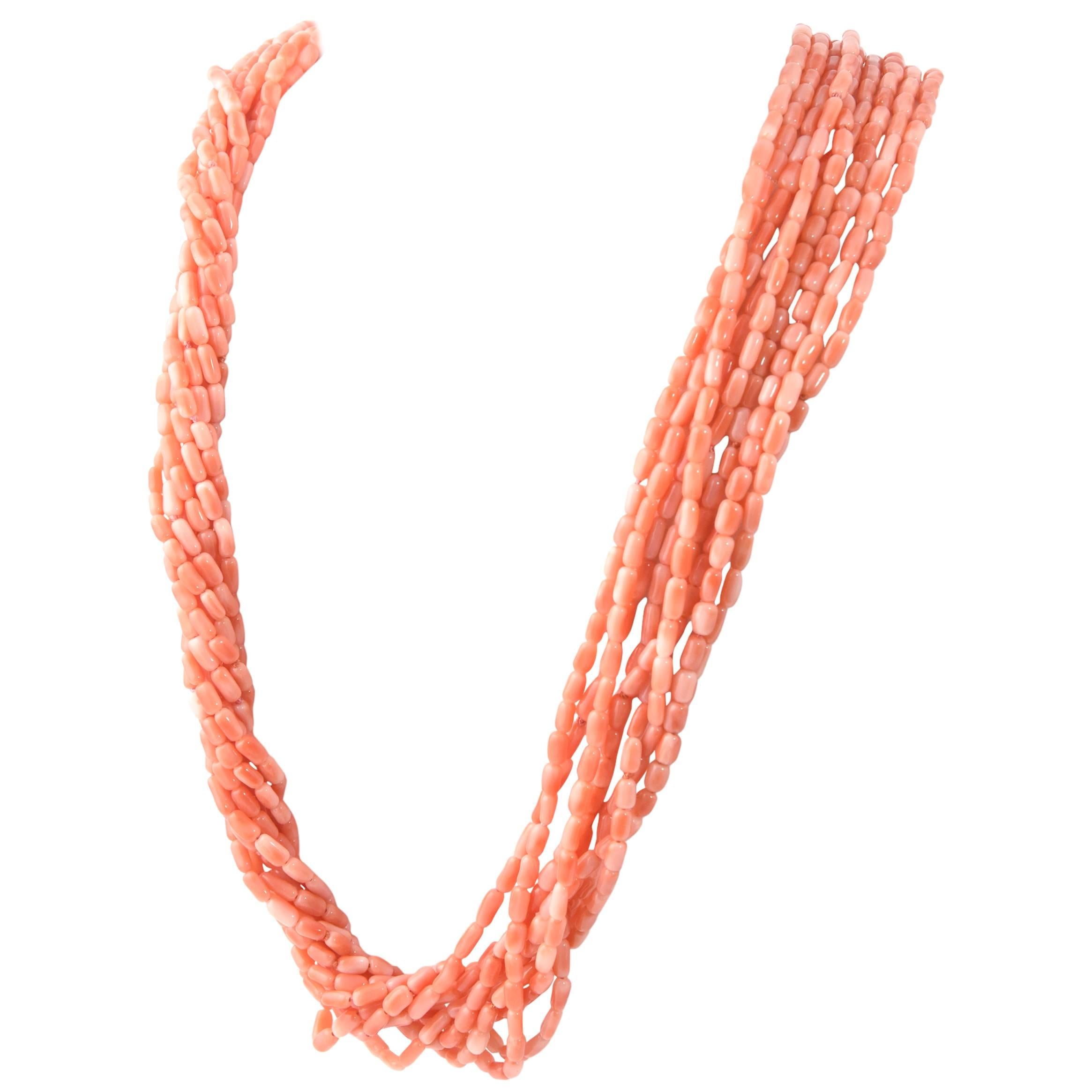 Cellini Diamond Studded Coral Branch Clasp on Multistrand Coral Bead Necklace For Sale