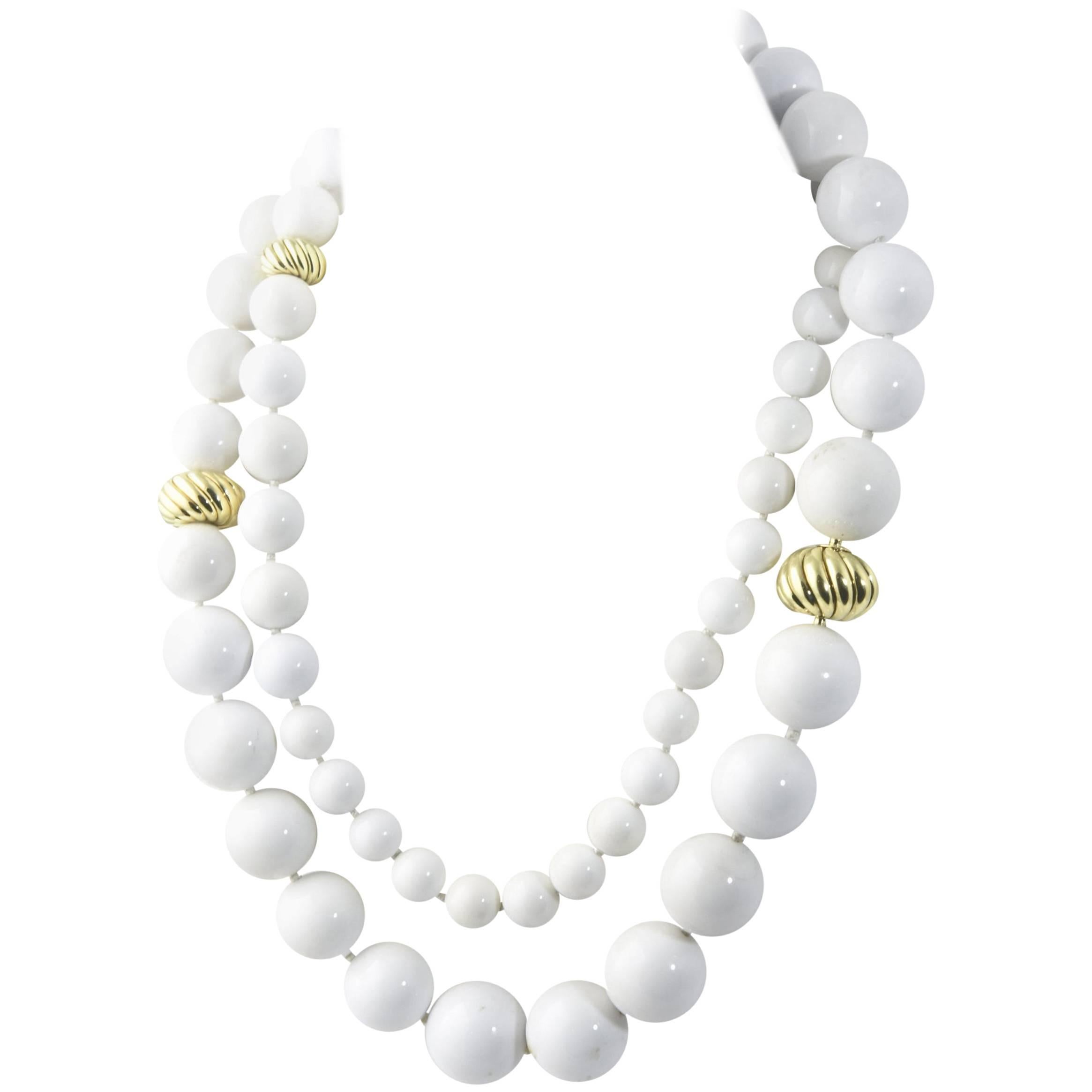David Yurman Signature Collection White Agate Sculpted Gold Bead Necklace