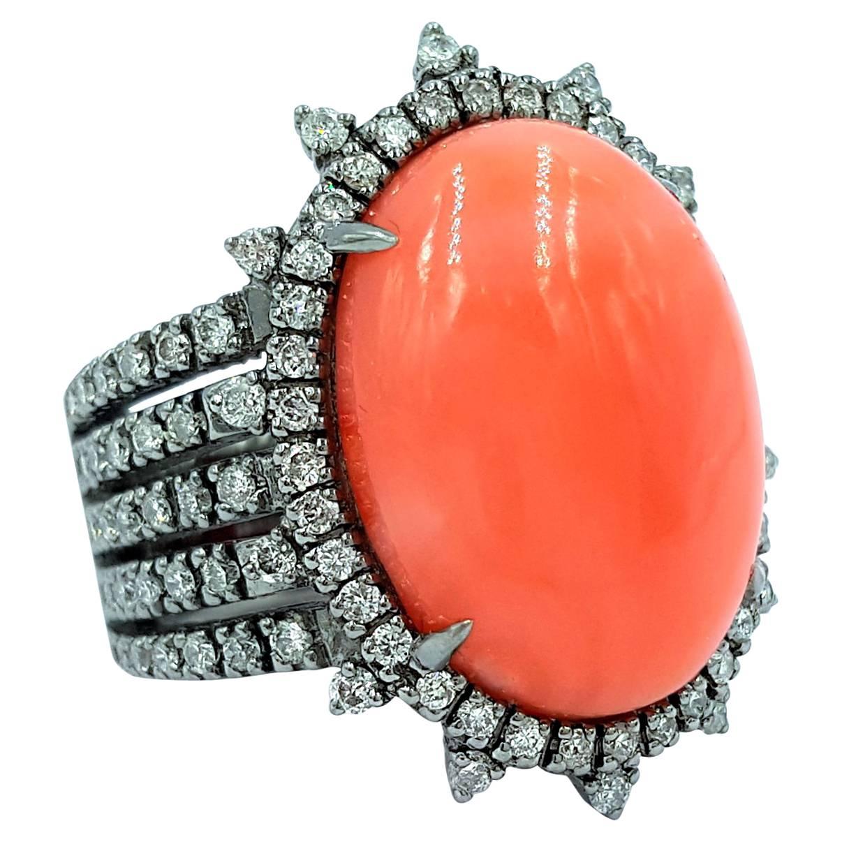 Black Rhodium on 18kt Gold Featuring 10.75 Ctw Angel Coral 3.30ctws Diamond Ring For Sale