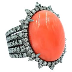 Black Rhodium on 18kt Gold Featuring 10.75 Ctw Angel Coral 3.30ctws Diamond Ring