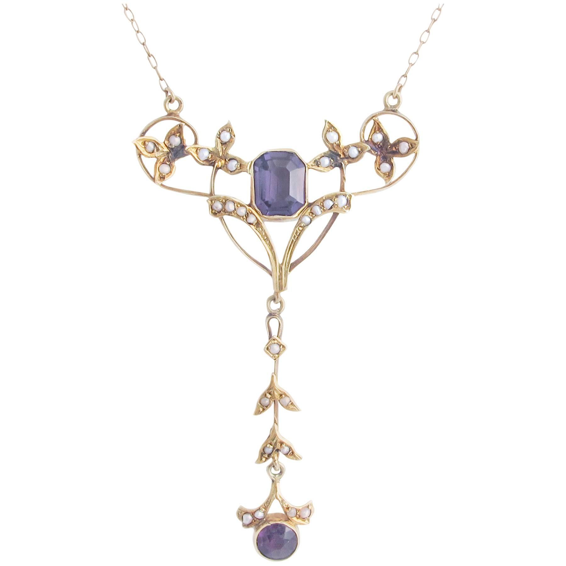 Art Nouveau Amethyst and Natural Pearl 15 Carat Gold Lavaliere 