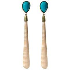 18 Karat Yellow Gold Turquoise And White Wood Drop Earrings