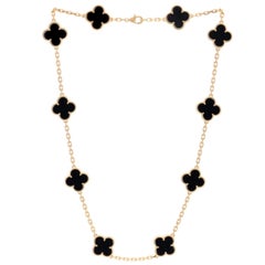 Van Cleef & Arpels Vintage Alhambra Onyx Yellow Gold 10 Motif Necklace, Estate