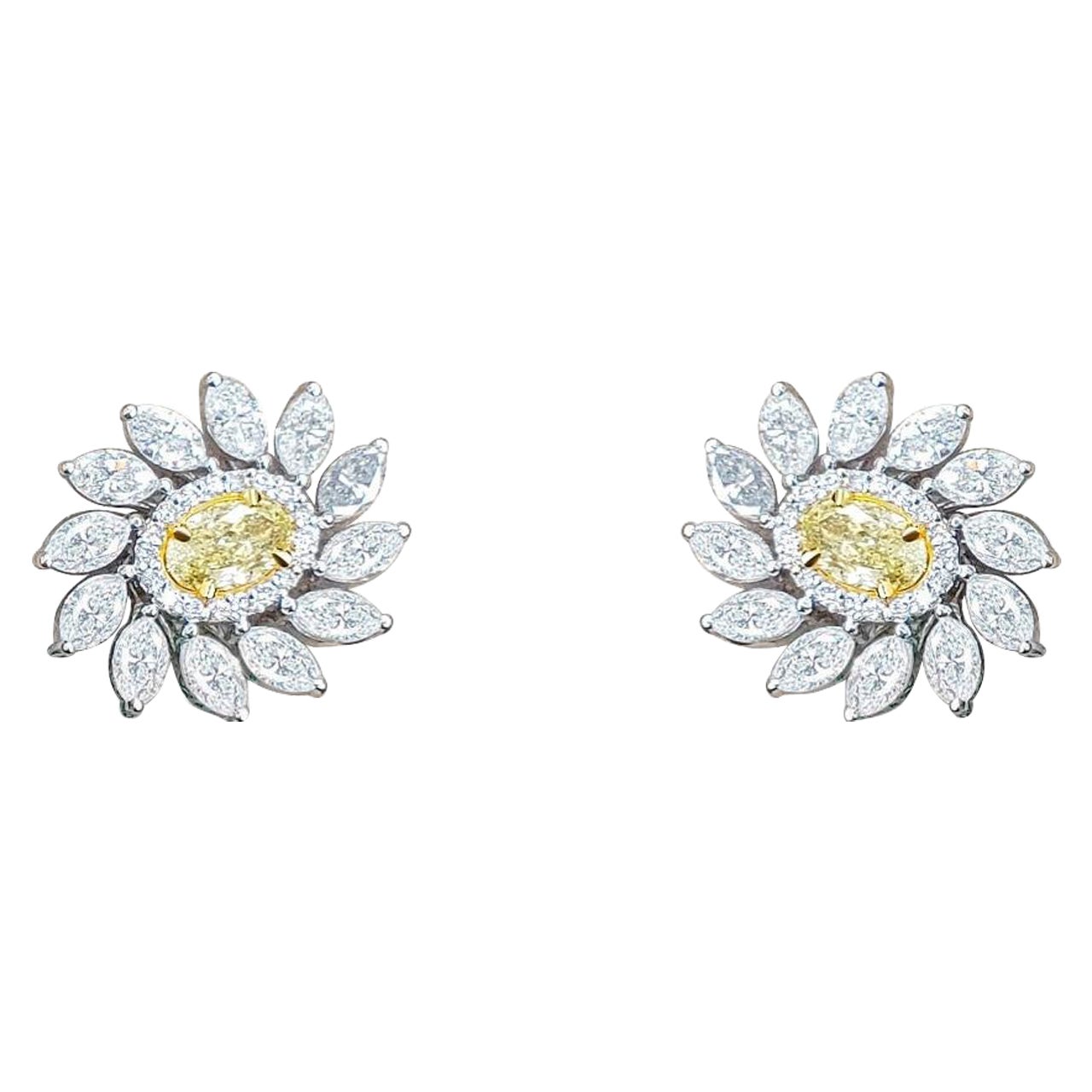 Floral Diamond 14K Yellow Centre White Marquise Earrings For Sale
