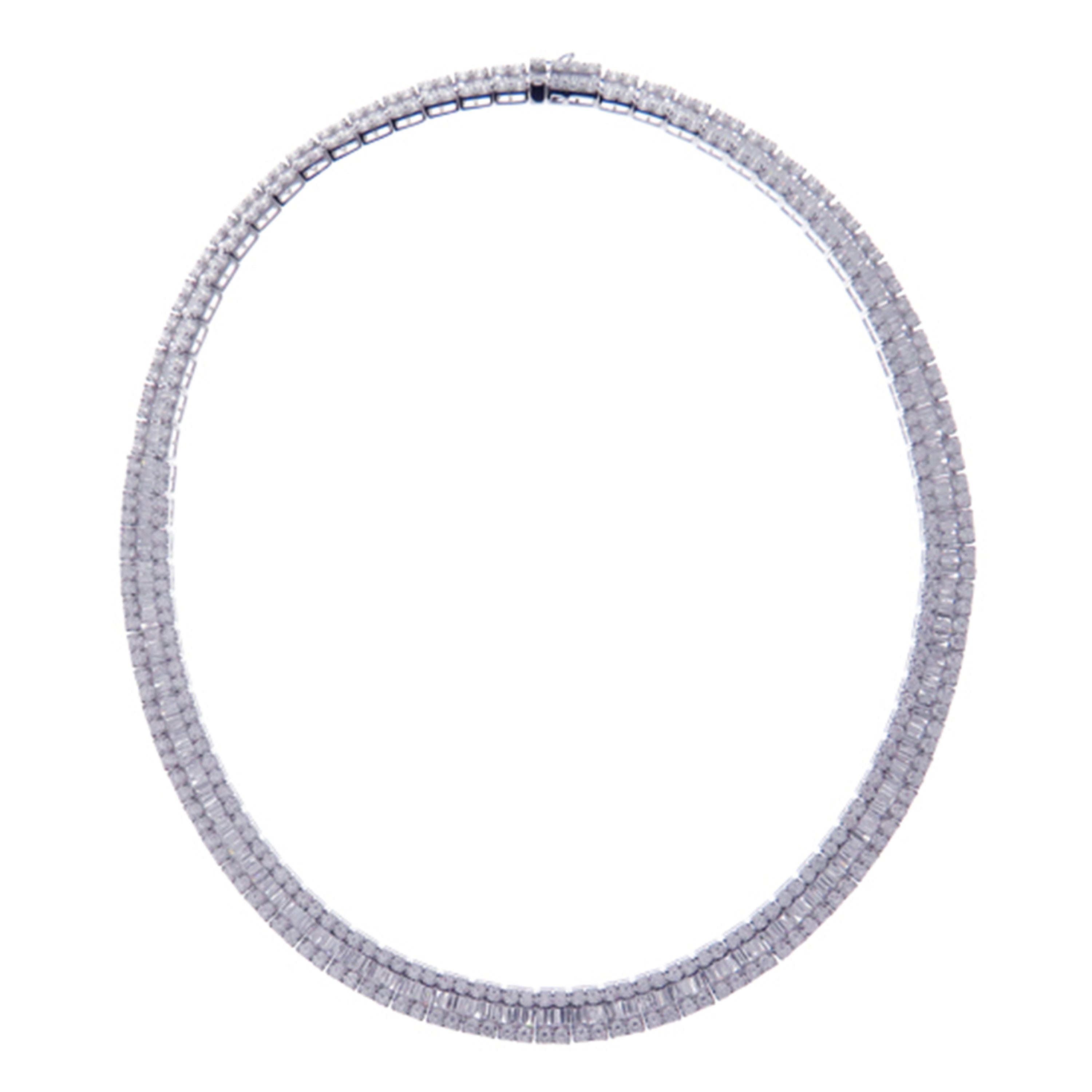 Necklace Information
Metal Purity : 18K
Gold Weight : 46.04g
Length : 17''
Diamond Count : 308 Round Diamonds
Round Diamond Carat Weight : 20.52 ttcw
Baguette Diamonds Count : 307
Baguette Diamonds Carat Weight : 11.85 ttcw
Serial #NE13250
