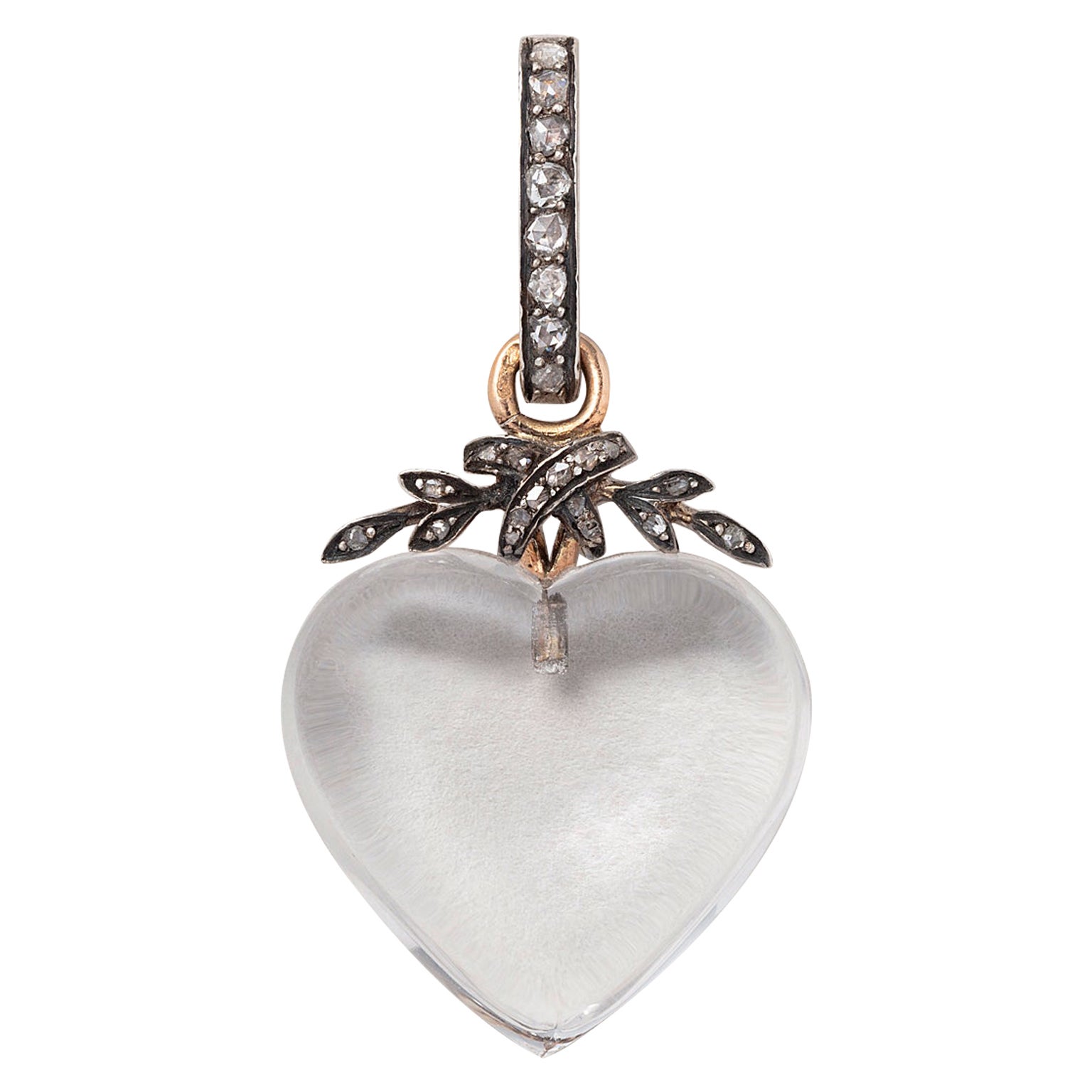 An Antique Gold and Silver Heart Pendant with Rock Crystal and diamondsDiamond For Sale