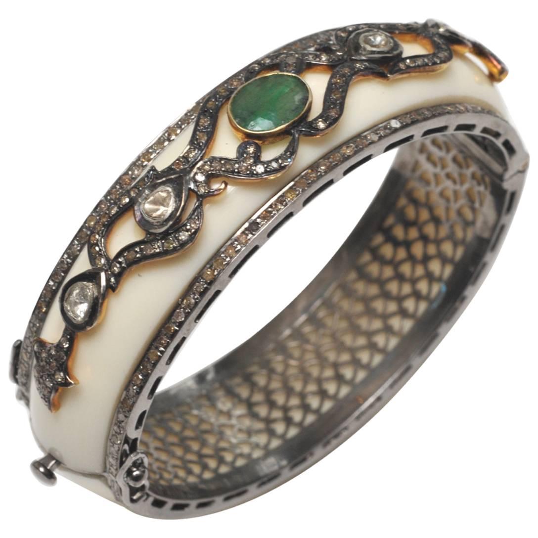 White Bakelite Bracelet with Emerald and Diamonds