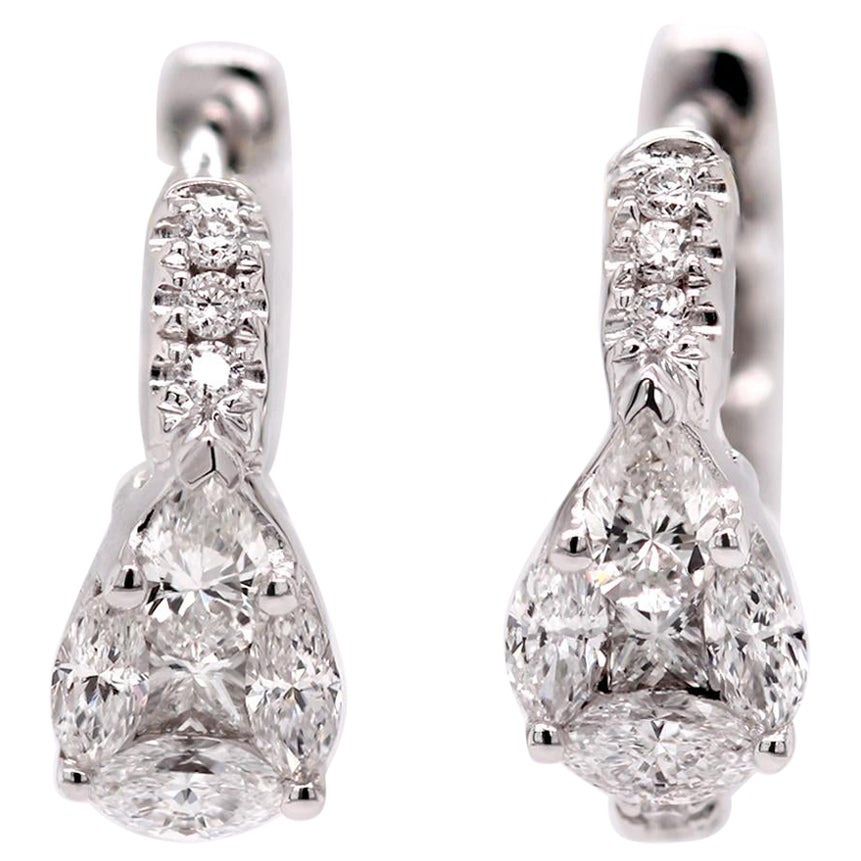 18ct White Gold Fancy Shape Natural Mined Diamond Hoop & Pear Motif Earrings For Sale