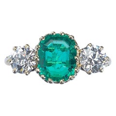 Antique Emerald, Diamond and Gold Three Stone Ring, circa 1900