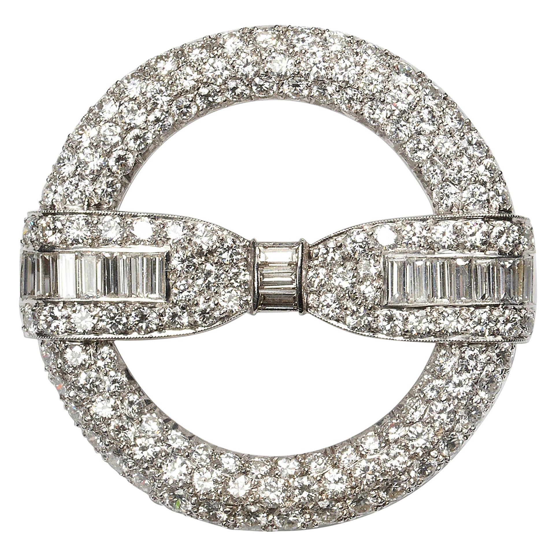 Vintage Diamond Circle and Bow Brooch, 6.50 Carats, Circa 1935 For Sale
