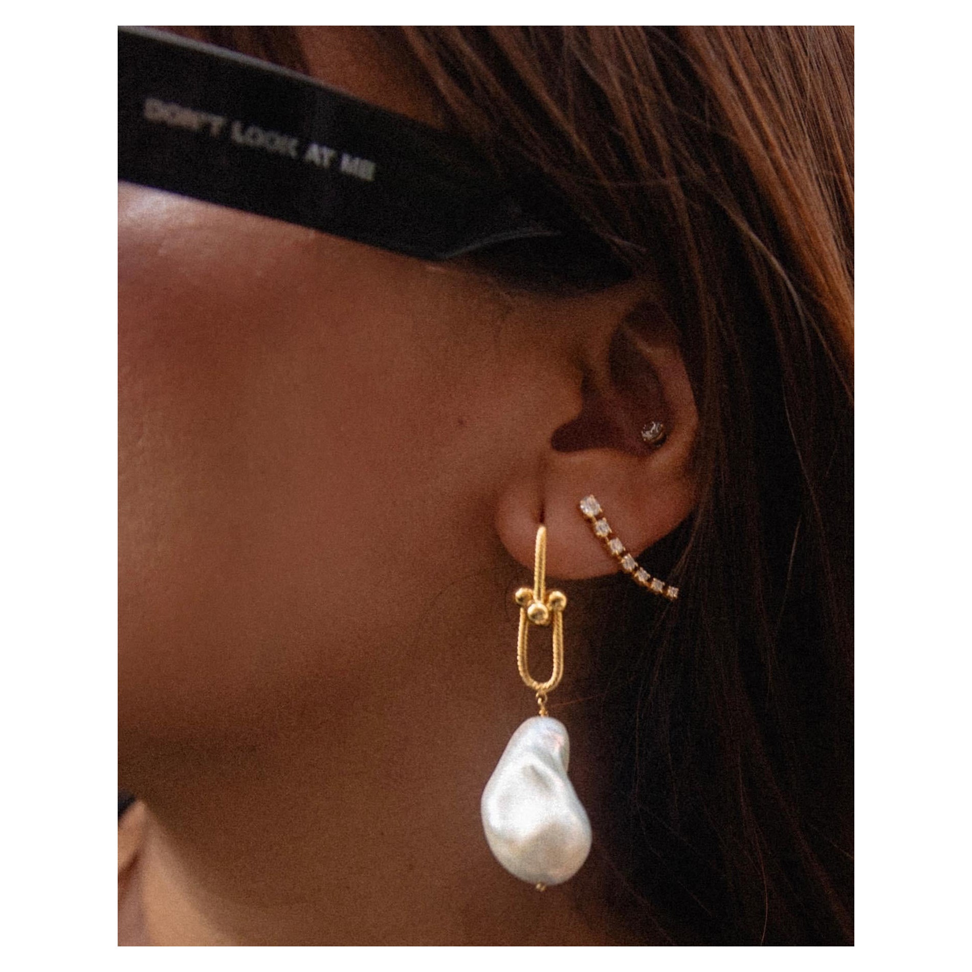 Tiffany inspired Hardware Earring in 14k Gold and Pearl For Sale
