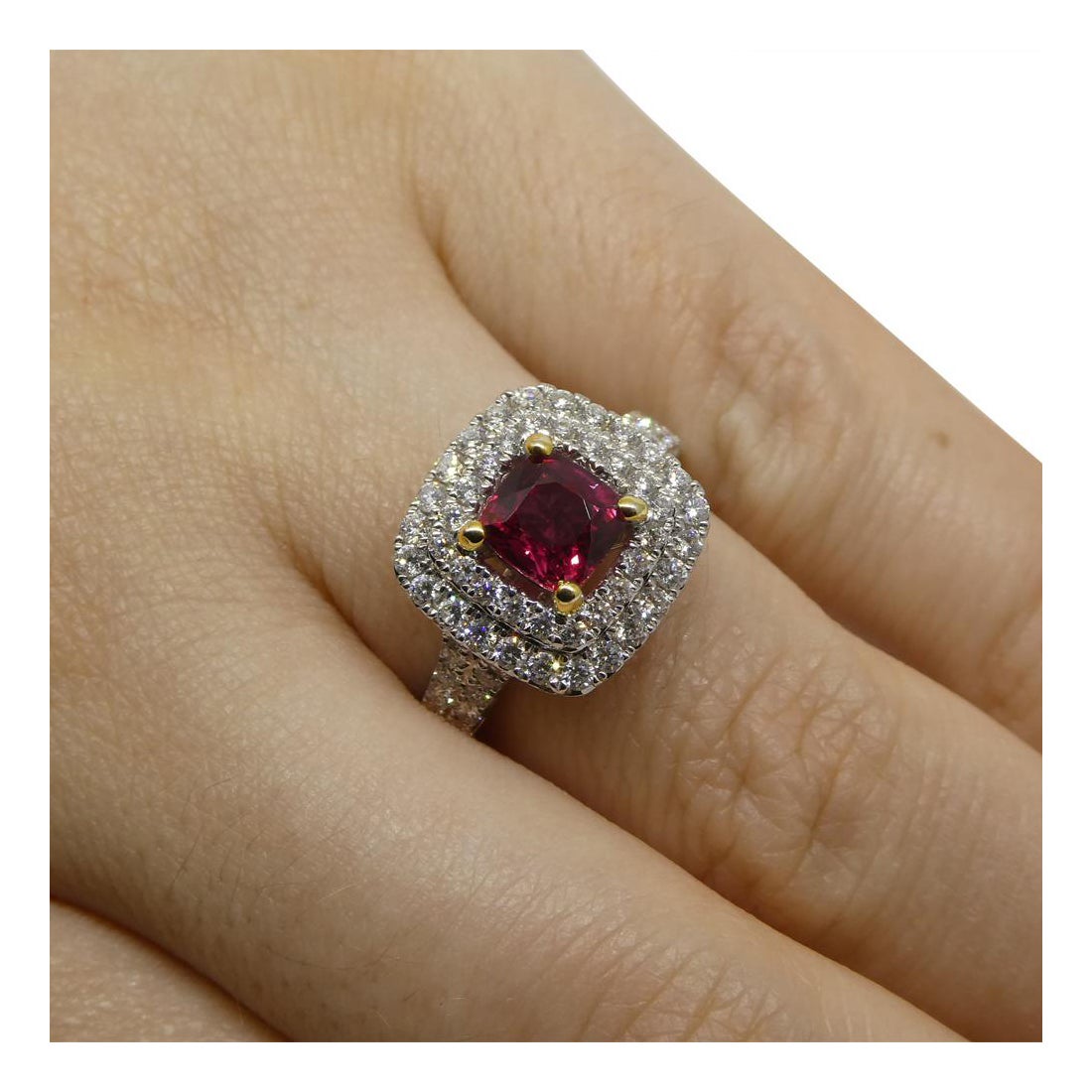 1.18ct Cushion Ruby, Diamond Engagement/Statement Ring in 18K White and Yellow G For Sale