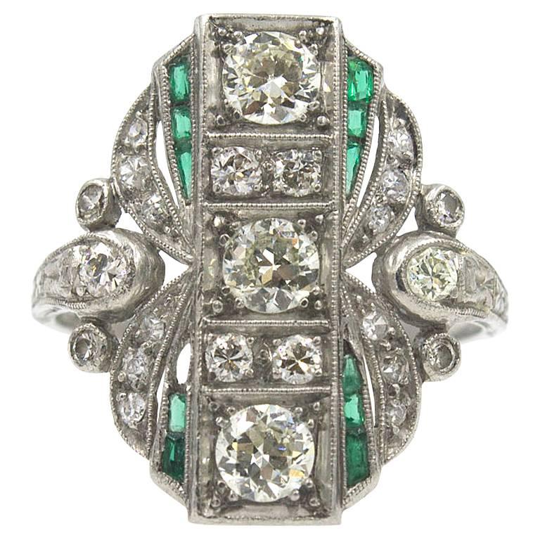 Art Deco Diamond Emerald Platinum Cocktail Ring 
