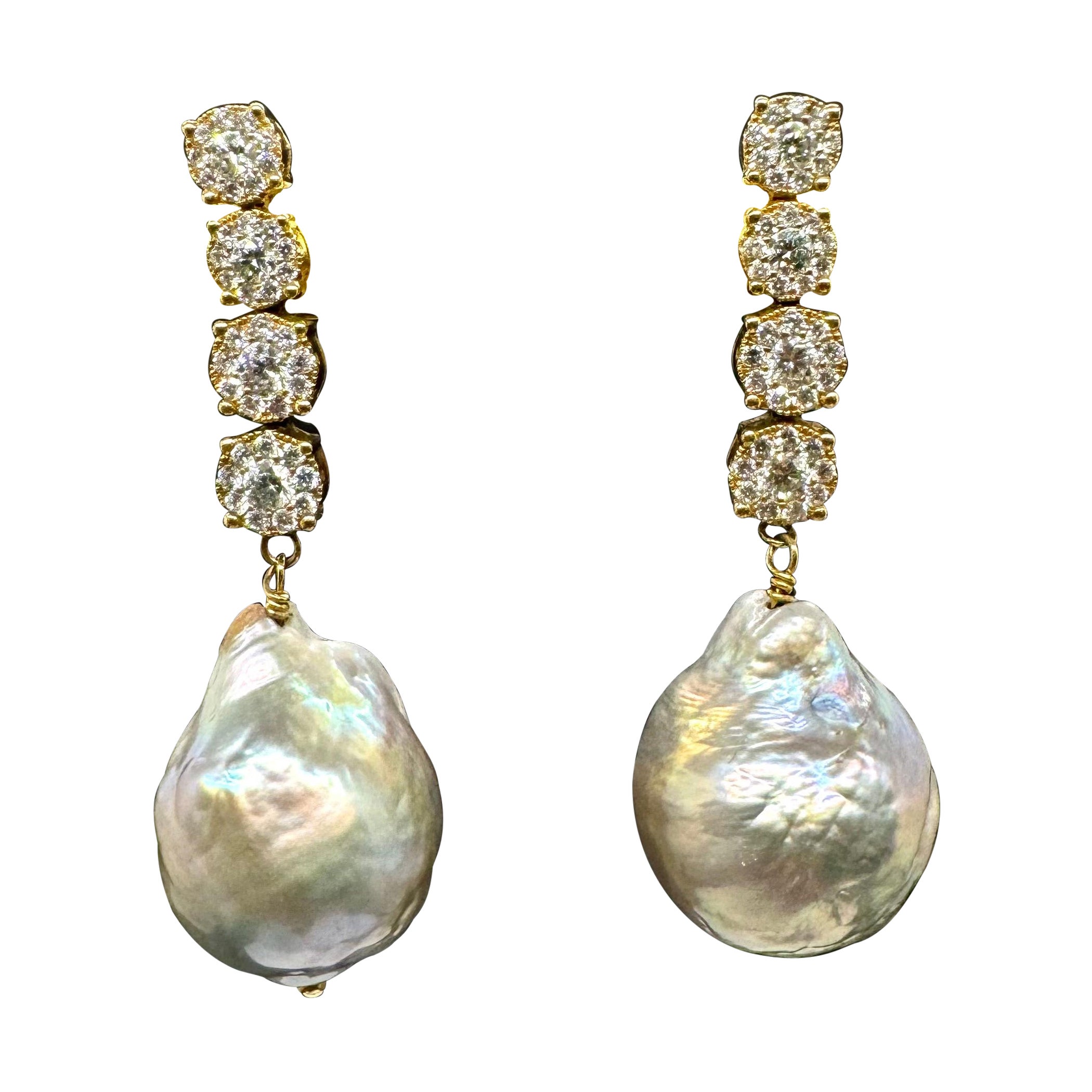 Diamond Cluster Drop Earring With baroque pearls