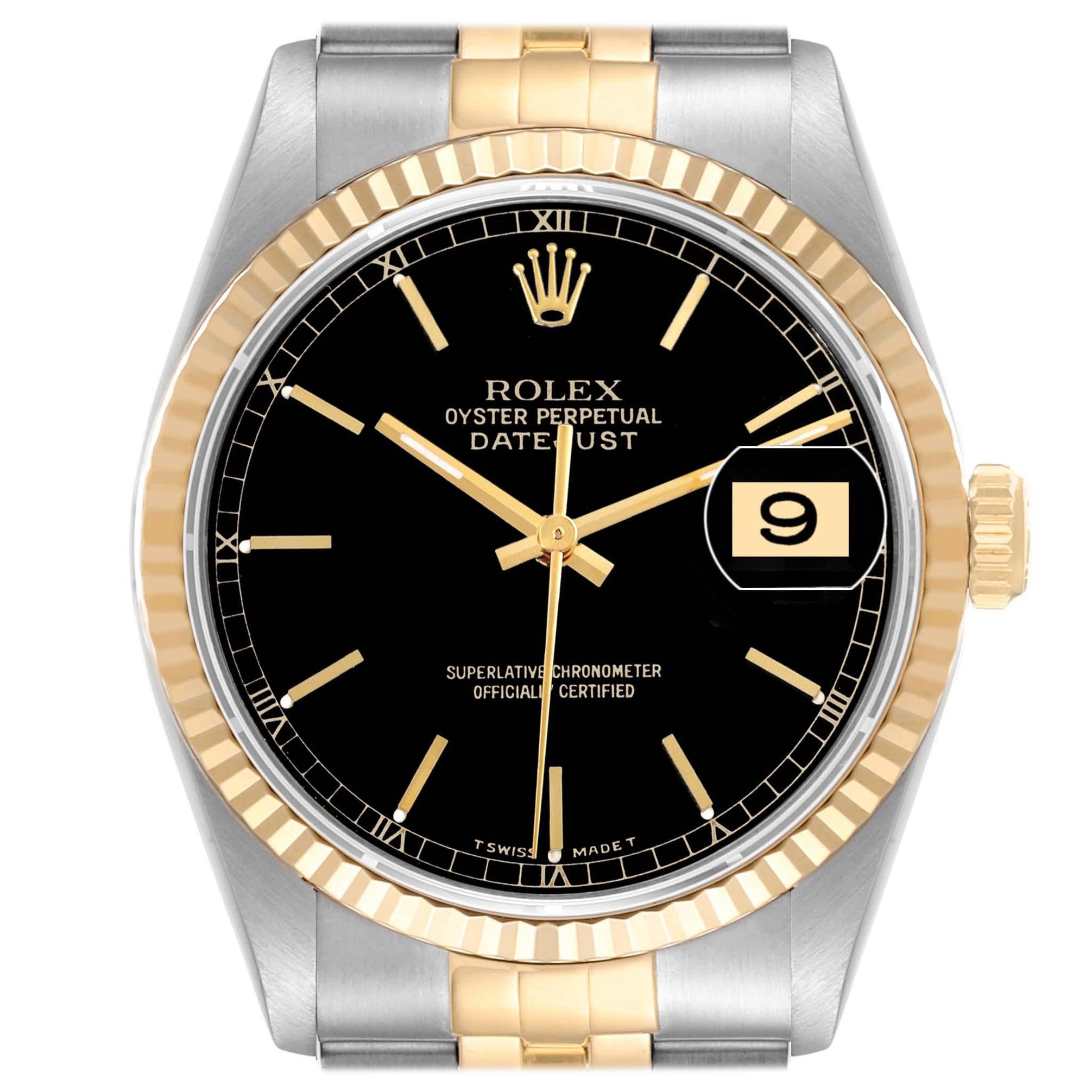 Rolex Datejust 36 Steel Yellow Gold Black Dial Mens Watch 16233 Box Papers